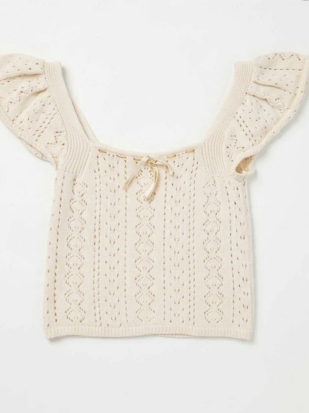 Haute Hippie Cream Cotton Crochet Knit Top Flutter Sleeve Ribbon Tie Coquette M